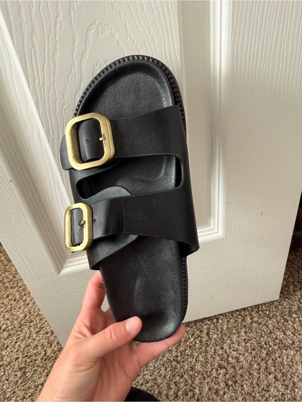 Black and gold two strap sandal